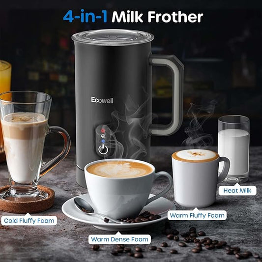 ECOWELL Automatic Milk Frother Heater Milk Boiler, 4 in 1 Electric Coffee Steamer for Heating Milk, Warm and Cold Foam, Coffee Latte, Macchiato, Cappuccinos, Hot Chocolate WMMF01, 8.1oz/240ml,Black