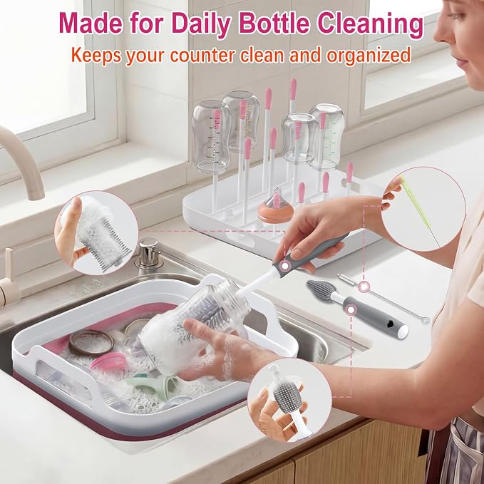 Yecuip Collapsible Baby Bottle Wash Basin w/Drying Rack & Drain Plug, Pink | 2.4 Gallon Foldable Dish Tub w/Handles,Portable RV Camping Sink & Space-Saving Wash Bin with Lid for Kitchen,Travel & Outdoor