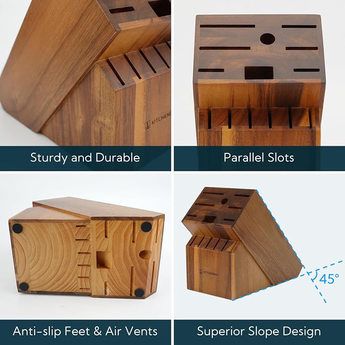 KITCHENDAO 14 Slot Acacia Wood Knife Block without Knives, Universal Knife Holder for Kitchen, Holding Multiple Types of Knives, Countertop Butcher Block Knife Stand for Easy Kitchen Storage