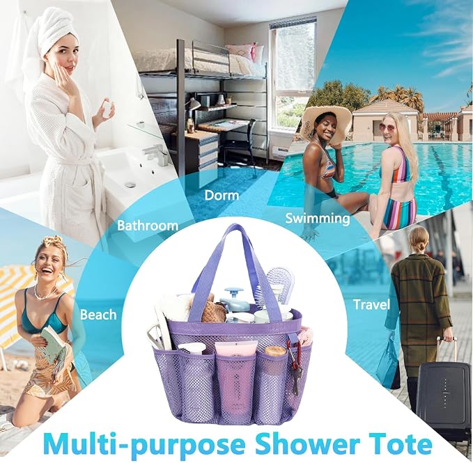 Fammart Mesh Shower Caddy Portable for College Dorm Room Essentials, Odorless Polyester Large Shower Tote Bag with Dual Handles, 8-Pocket Quick-Dry Toiletry Organizer for Travel, Beach, Camping, Gym