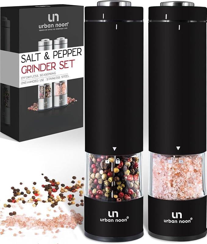 Electric Salt and Pepper Grinder Set - Battery Operated Stainless Steel Mill with Light (2 Black Mills) - Automatic One Handed Operation - Electronic Adjustable Shakers - Ceramic Grinders