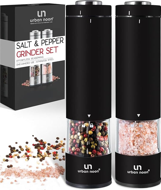 Electric Salt and Pepper Grinder Set - Battery Operated Stainless Steel Mill with Light (2 Black Mills) - Automatic One Handed Operation - Electronic Adjustable Shakers - Ceramic Grinders