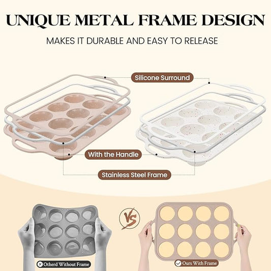 Vinino 2Pack Silicone Muffin Pans for Baking with Metal Reinforced Frame, 12 Cups Regular Size Nonstick Silicone Cupcake Pan, BPA Free Oven Dishwasher Safe Baking Mold for Muffins Cupcakes