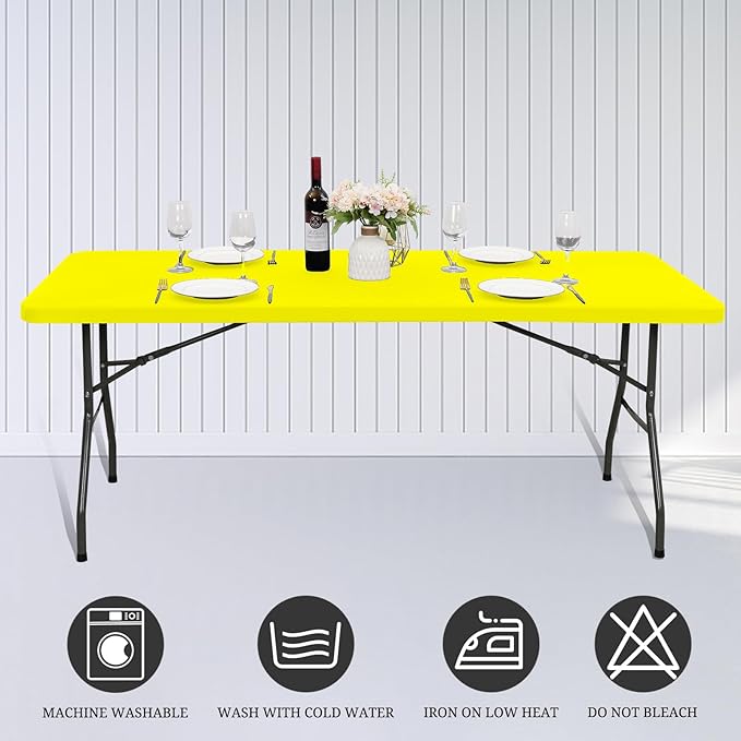 10 Pack Fitted Tablecloth for 6 Foot Rectangle Tables, Yellow Elastic Outdoor Picnic Table Cover, Washable Stretch Folding Table Cloths 6 ft for Camping Party Patio Kitchen Banquet, 30" W x 72" L