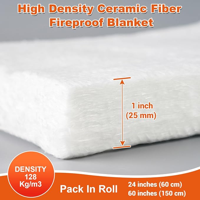 Ceramic Fiber Blanket, Fireproof Insulation Baffle, Rated to 2400F, Size 60"x24", 1" Thick, High-Temperature Resistance for Pizza Oven Stoves, Kilns, Forges, Pipes Insulation