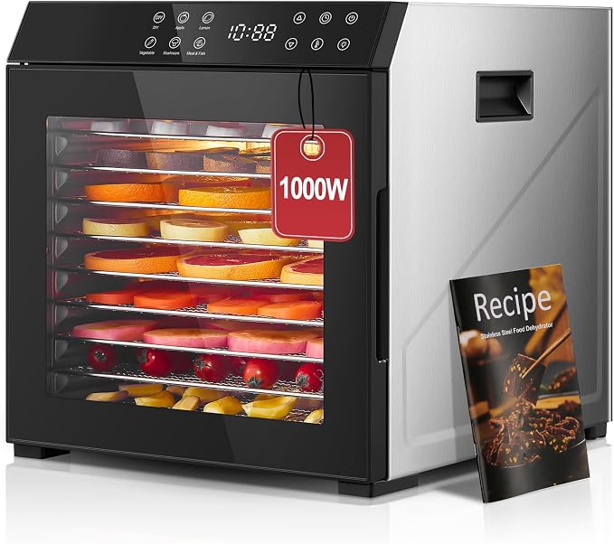 FOHERE Food Dehydrator 1000W 10 Trays with Digital Timer 176 Degrees | Large 9.04 square foot drying space with light. For dog treats, herbs, meat, fruit and yogurt.