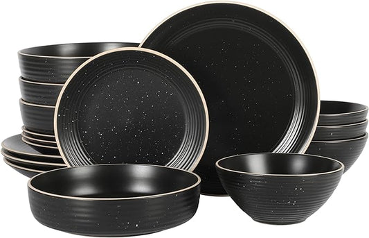 Gibson Home Dinah 16-Piece Matte Black Stoneware Dinnerware Set – Double Bowl, Embossed Speckled Design, Durable Kitchen Dinner Set