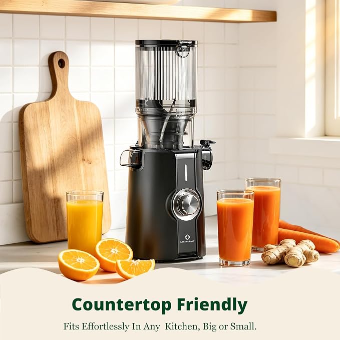 LINKChef Cold Press Juicer Machine, 4.53" Whole Fruit Slow Masticating Juicer with Auto Cutting, 200W Quiet Motor & High Juice Yield, Easy Clean Compact Juicer Extractor with Recipe Guide