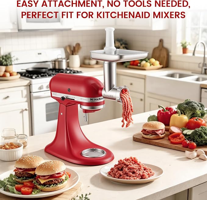 Stainless Steel Meat Grinder Attachment for KitchenAid Stand Mixer | Food Grade, Heavy Duty, No Clog, Dishwasher Safe, Sausage Stuffer & Burger Maker