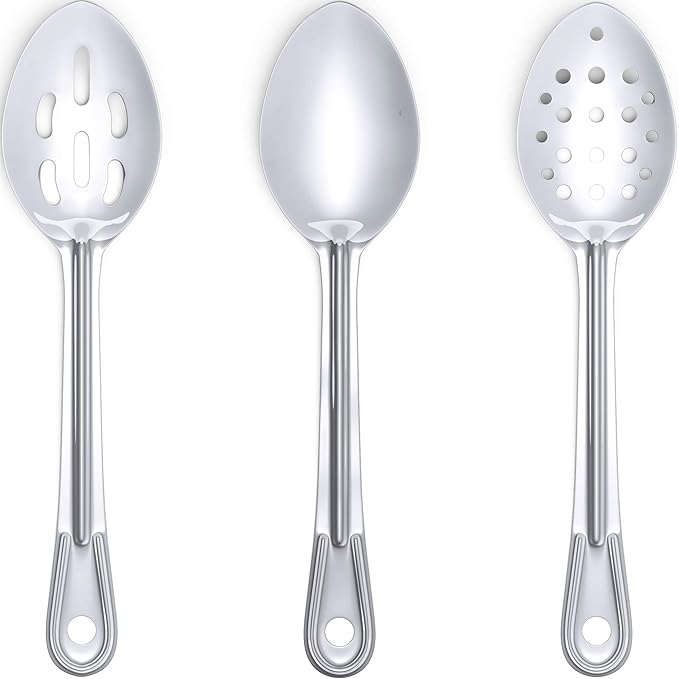 Super Strong, Ergonomic 11 in Serving Spoon 6 Pk (2 of Each Style). Big, Stainless Steel Spoons for Cooking, Baking, Stirring and Basting. Best Kitchen Flatware for Buffet and Banquet Food Service