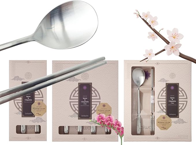 [5 Sets] [Made in Korea] Orchid Design Korean Style Sticky Rice Spoon Chopsticks Set Silverware Set 304 Stainless Steel Cutlery Set Soup Spoon Ramen Chopsticks Flatware (5 Sets)