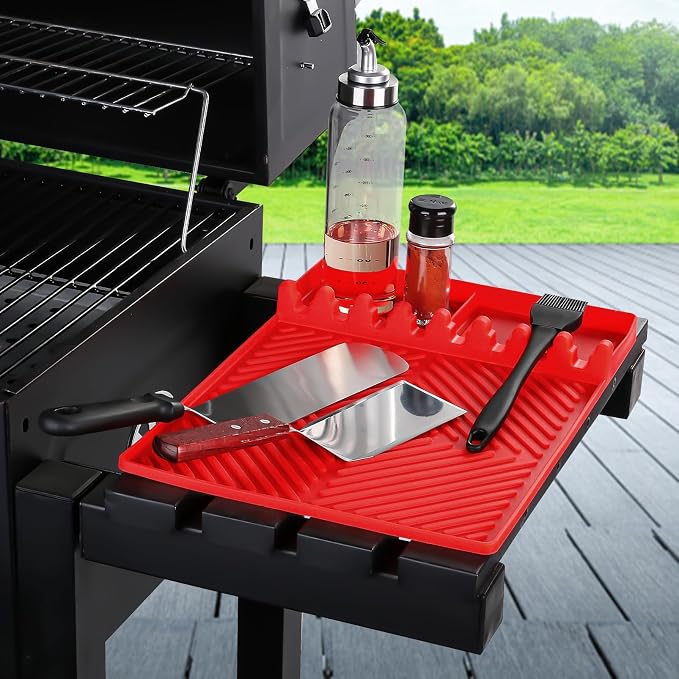 Find law Silicone Tools Mat for Griddle & Kitchen Countertop | Red Side Shelf Spatula Mat with Drip Pad for Blackstone Weber Traeger Pit Boss Flat Top Grill Smoker, BBQ Gifts for Men