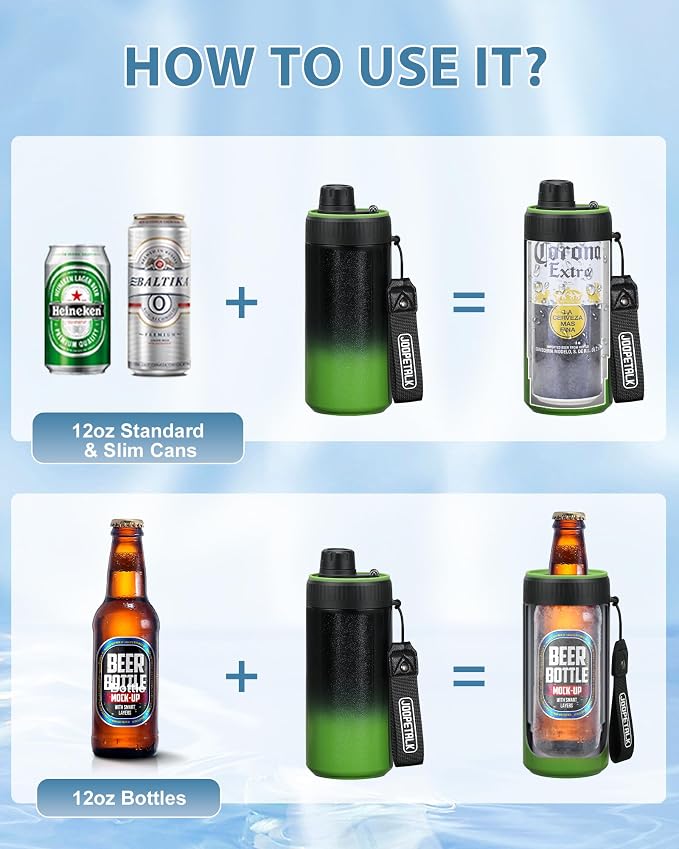 JOOPETALK Universal Can Cooler with Lid Fits All 12oz Cans& Bottles, 100% Leak-Proof Water Bottle, 4-in-1 Insulated Can Cooler for Beer, Soda & Energy Drinks, Dishwasher Safe