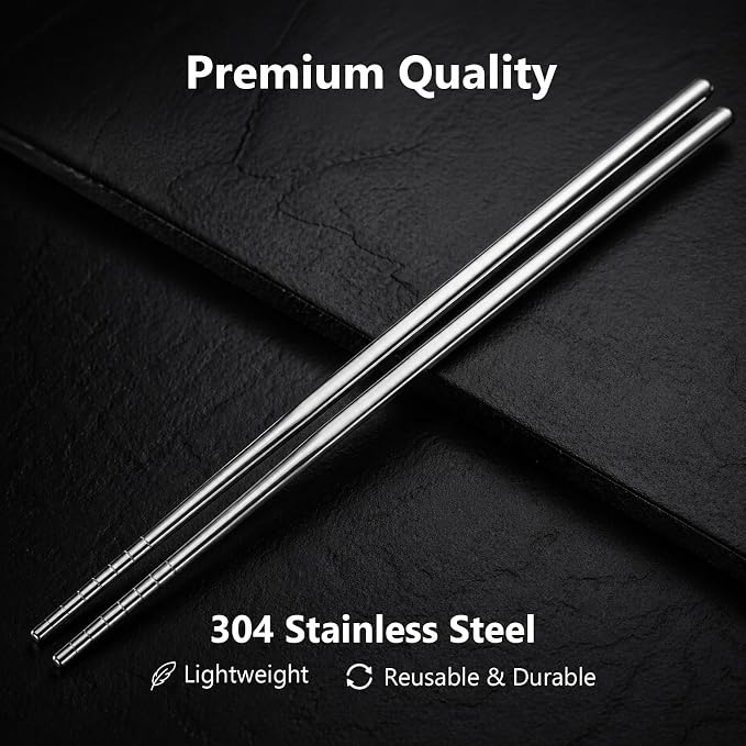 Metal Chopsticks 6 Pairs - Reusable 304 Stainless Steel Chopsticks Dishwasher Safe, Non-Slip Lightweight Chop Sticks, Korean Japanese Chinese Chop Sticks Gift Set (Silver)