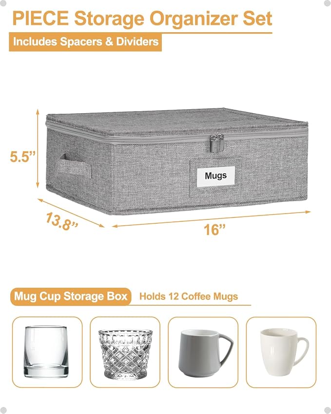 punemi Mug Storage Organizer, 2-Pack Hard Shell Boxes for Packing & Moving | Hard shell sides and bottom with padded dividers for a set of 12 mugs or tea cups; stackable for packing and moving