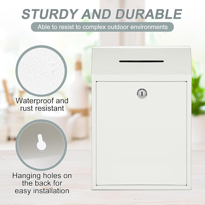 Yaocom Metal Money Box,White,11.81 x 8.58 x 4.72 Inch,No Lid | Wall Mounted Drop Donation Cash Box for Farm Stand Collection Safe Suggestion Box with Lock Container for Home Office Outdoor