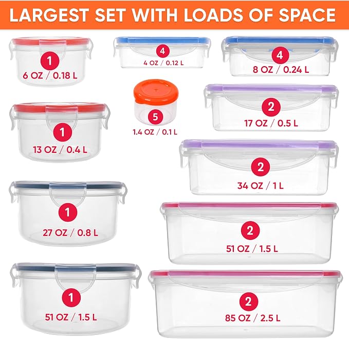 50 Pcs Large Food Storage Containers with Lids Airtight -85 OZ to Small Box | Total 526 Oz BPA Free Plastic Stackable Containers For kitchen Pantry Organization,Microwave Safe ( 25 Boxes - 25 Lids)
