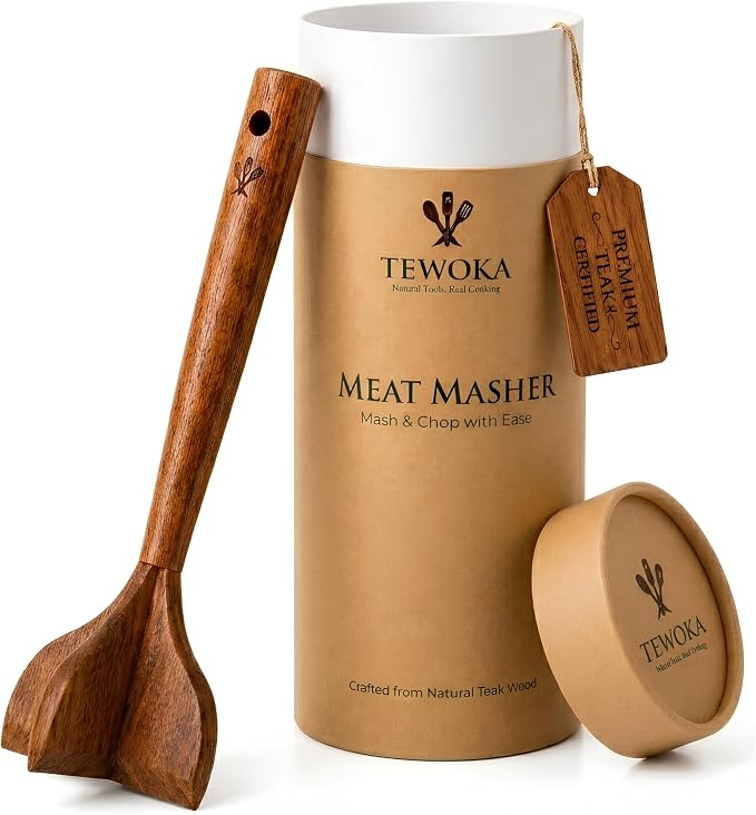 Teak Wood Meat Masher, Wooden Meat Chopper for Ground Beef, Non-Scratch Hamburger Masher & Potato Masher, Heat-Resistant Ground Meat Chopper Tool for Nonstick Cookware