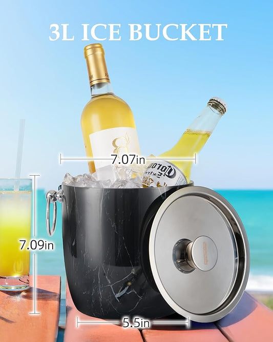 3 Liters Ice Bucket, Double Wall Stainless Steel, Insulated Ice Bucket, Including Strainer & Ice Cover Ice Tongs, Scoope,Black Marble