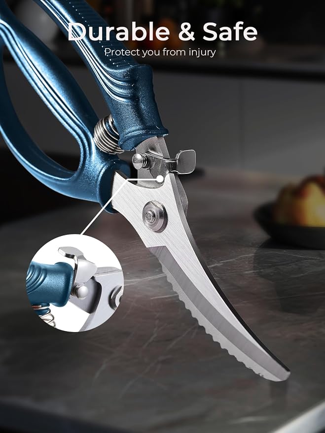 Poultry Shears, Heavy Duty Kitchen Shears With Anti-Slip Handle & Safety Lock, Poultry Scissors for Meat, Chicken, Bone,Turkey, Fish, Spring Loaded, Dishwasher Safe(Navy Blue)