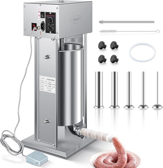 Electric Sausage Stuffer Maker, Vertical Electric Stuffer 11 Adjustable Speed Stainless Steel Commercial Sausage Filler Meat Stuffers with 5 Stuffing Tubes, Home & Commercial (30Lb/15L)