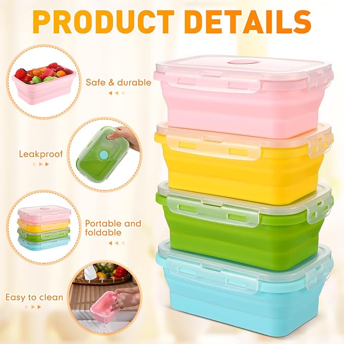 Set of 8 Silicone Collapsible Bowls for Camping with Vent Lid Silicone Storage Containers for Food Meal Preparation Square Bowl Microwave Freezer Dishwasher Safe(Macaron Color,17 Oz/ 500 ml)