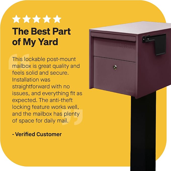 Adoorn Lockable Post Mount Mailboxes for Outside - Small Anti-Theft Locking Mailbox for Packages and Letters - Weatherproof Construction - Durable Steel - 12" H x 12" W x 18.5" D - Malbec