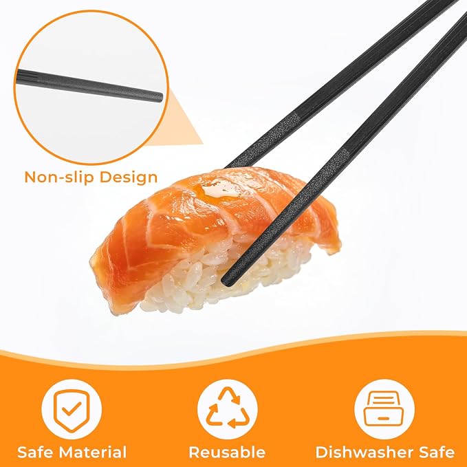 Fiberglass Chopsticks Reusable Set, 5 Pairs Black Gift-Boxed – Premium Non-Slip, Dishwasher Safe, Heat-Resistant 9.5 Inch Chop Sticks for Sushi, Ramen, Asian Dining