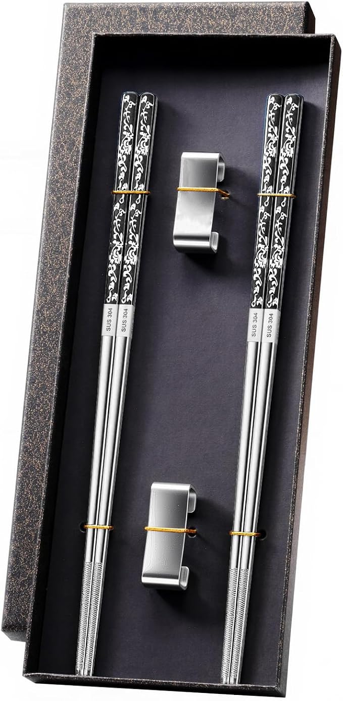 JEETEE Metal Chopsticks, 2 Pairs Stainless Steel with Holder | Titanium Coated, Anti-Slip Design, Reusable,Dishwasher Safe, for Sushi, for Ramen, for Camping, for Party