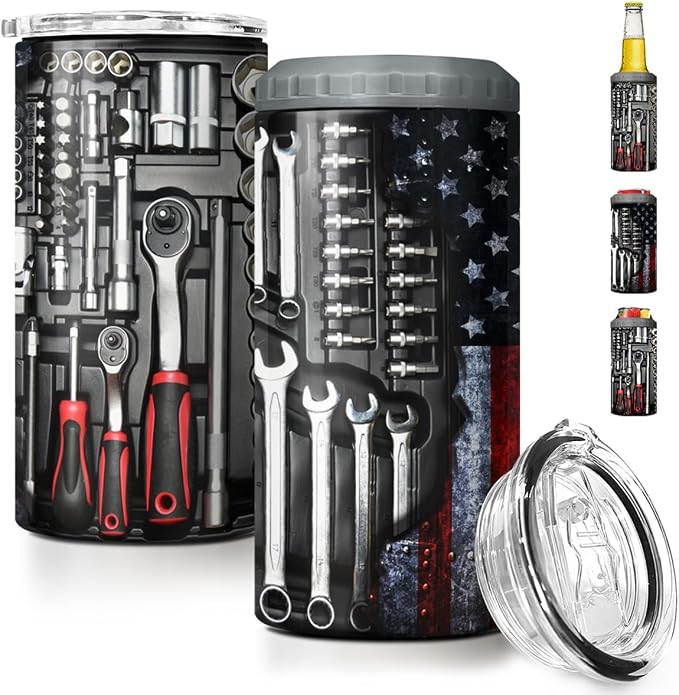 SANDJEST Mechanics Tumbler Mechanic Dad Tool Box 4 in 1 12oz Can Cooler Coozie Skinny Stainless Steel Tumbler for Daddy Father Papa Birthday