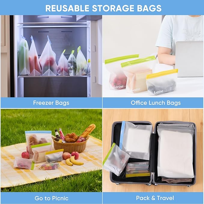 Lerine Reusable Gallon Freezer Bags Stand Up, Dishwasher Safe, 6 Pack, Gray | Leakproof, double seal closure, food-grade material, BPA-free for meat, vegetables, bread and travel