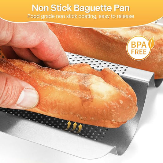 Baguette Pan, Baguette Bread Pan Perforated, Nonstick French Bread Baking Pan 3 Loaves with Proofing Cloth, Dough Cutter Kit for Home Baker, Baguette Tray 15x11 Inch Silver Bread Pan