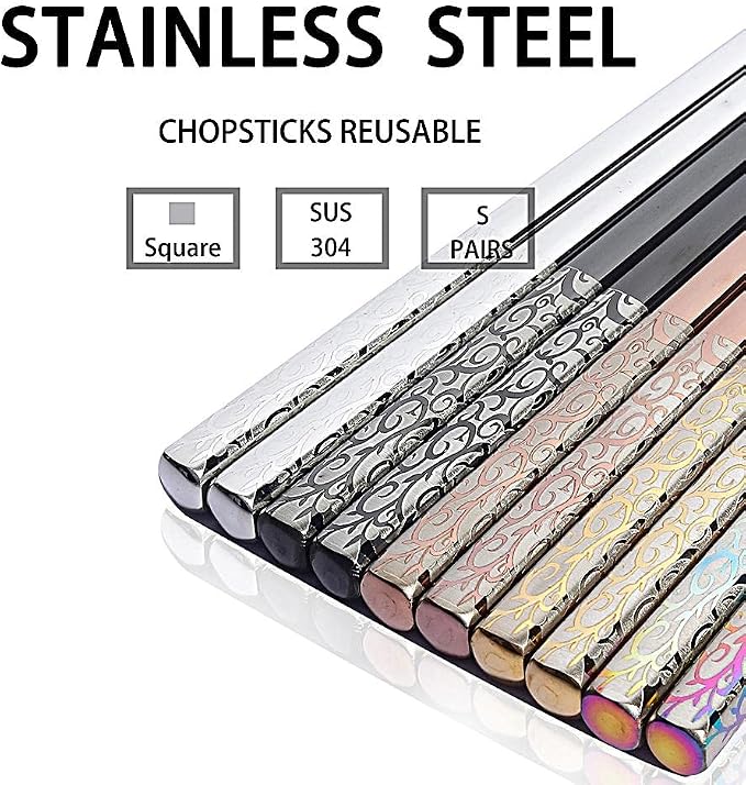 Metal Chopsticks Reusable Titanium Plated Stainless Steel Japanese Korean for Food & Cooking 9.5Inch Non-Slip for Beginners Square Laser 5 Pairs Gift Set