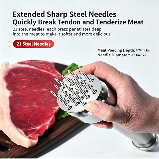 Meat Tenderizer Tool | 21 Auto Rebound 304 Stainless Steel Meat Tenderizer, Dishwasher Safe for Steak Pork Chicken Salmon