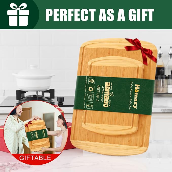 Homaxy Bamboo Cutting Boards for Kitchen Set of 2, Two-Tone | Wood Cutting Board with Juice Groove, Butcher Block Chopping Board for Kitchen, Meat, Fruit & Vegetables, Pre Oiled