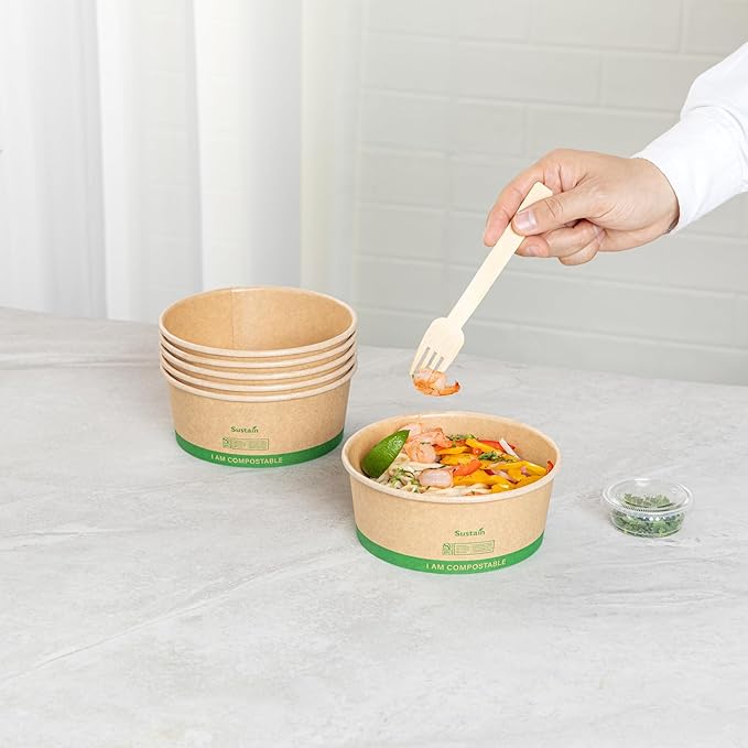 Restaurantware Paper Food Containers 50 Pack Of 25 oz Disposable Round Kraft Salad Bowls BPI-Certified Compostable Stackable Greaseproof Meal Prep Take Out Containers For Soups, Snacks And Desserts