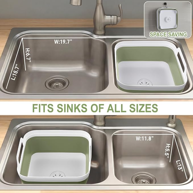 Yecuip Collapsible Baby Bottle Wash Basin w/Drying Rack & Drain Plug, Green | 2.4 Gallon Foldable Dish Tub w/Handles,Portable RV Camping Sink & Space-Saving Wash Bin with Lid for Kitchen,Travel & Outdoor