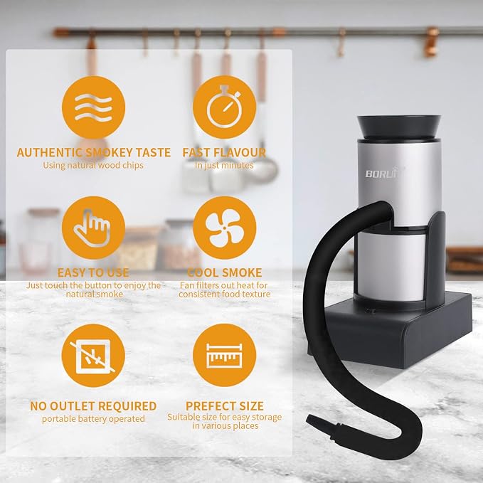 BORUiT SK305 Smoking Gun, Portable Handheld Smoke Infuser,Cocktail Smoker, Food Smoker Kit for Any Meat Cocktail Cheese BBQ Steak Beef, Sausage, Vegetable Salad,Drinks,Smoking Accessories (Silver)