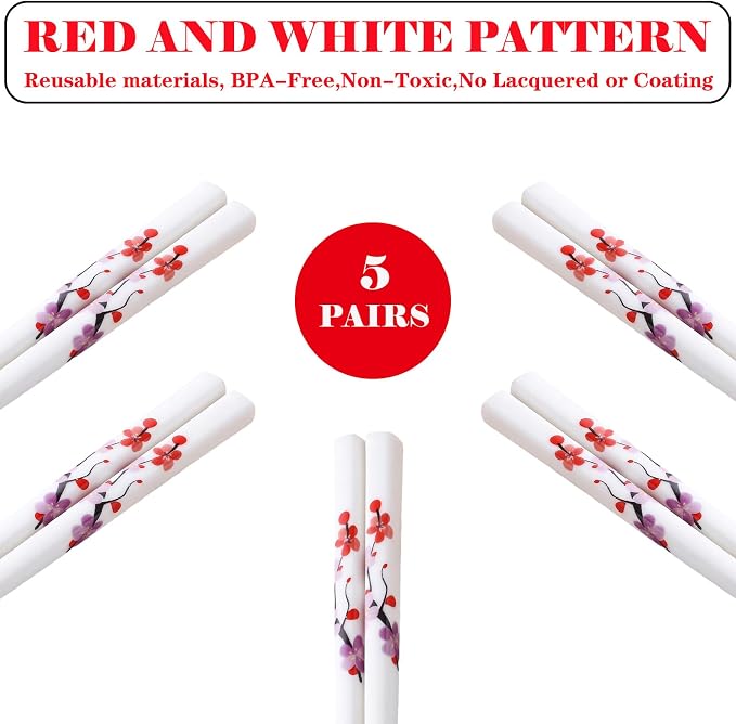 Ceramic Chopsticks Reusable,Porcelain Chop Sticks,Red Plum Blossom 9.7'' | 5 Pairs,Easy to Clean,Dishwasher Safe,Heat Resistant,with a Gift case,Cooking Chopsticks,High-grade Bone China Porcelain
