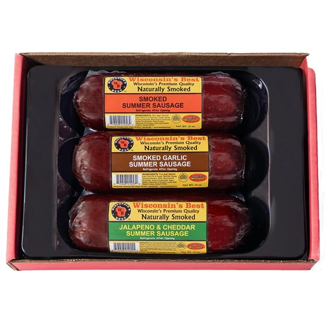 Wisconsin’s Best Summer Sausage Gift Box – Naturally Smoked Sausage 3 Flavor Assortment (Original, Jalapeño Cheddar & Garlic) – Made in Wisconsin – Charcuterie Board Gift Set – 12 oz Each