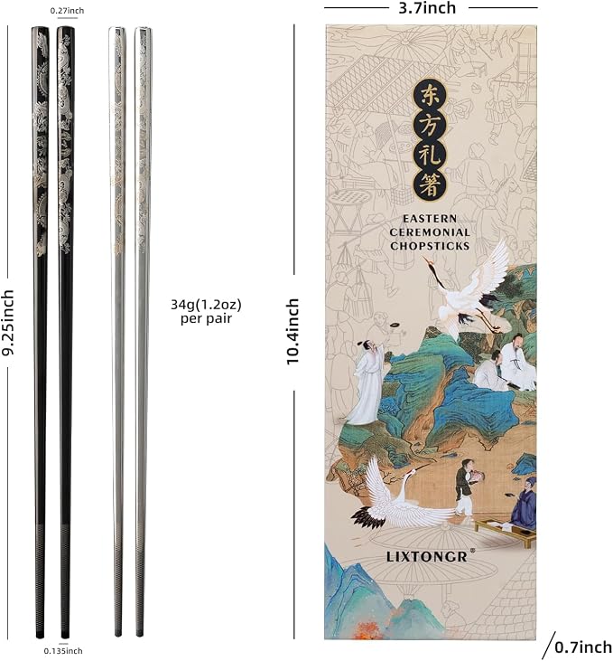 2 Pairs Reusable Stainless Steel Chopsticks, Non-Slip Grip, Dishwasher Safe, Japanese & Korean Style, Metal Chopstick Gift Set for Cooking, Dining & Travel 18/10 (9")