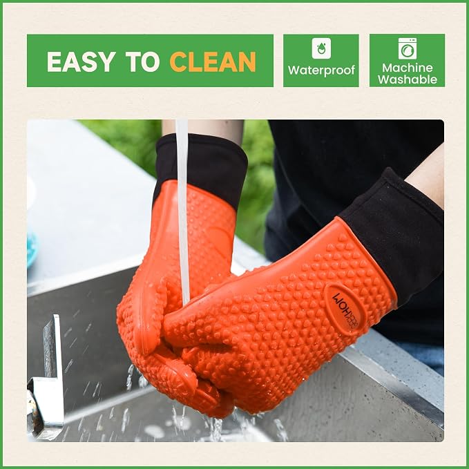 GEEKHOM BBQ Gloves Heat Resistant Oven Mitts - Silicone Grilling Gloves with 13.7" Arm Protection - Waterproof Pot Holder Non-Slip for Men & Women, Kitchen Outdoor Cooking, Baking, Camping, Orange