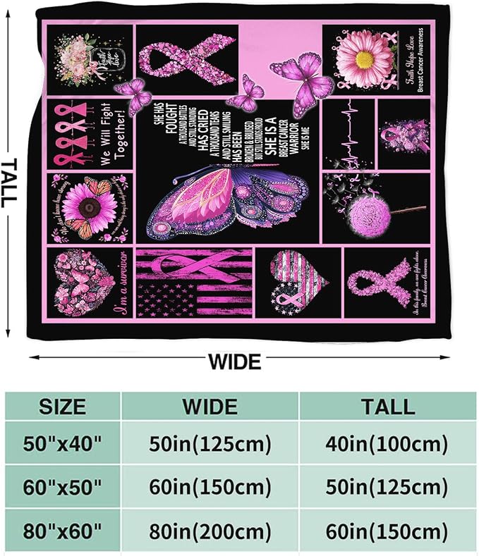 Breast Cancer Awareness Blanket Chemo Pink Ribbon Flannel Plush Throw Blanket Cozy Inspirational Warrior Decor Fleece Stuff Blanket Gifts for Lover Girls Boys Kids Adults Women Bed Travel 60"x80"