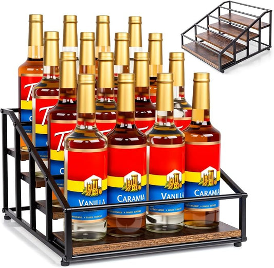 kimilus Coffee Syrup Organizer Rack, Liquor Bottle Display Shelf, 4 Tier 16 Syrup Bottles Holder Stand for Coffee Bar Kitchen Small Wine Rack for Family Storage for Syrup Wine Dressing