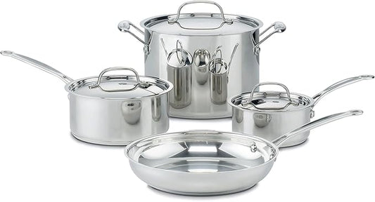 Cuisinart 7-Piece Stainless Steel Pots and Pans Set, Cookware Set Compatible with Induction, Electric, Gas Cooktops, Aluminum Core for Quick Even Heat, Cool Grip Handles, Dishwasher Safe, Oven Safe | Dishwasher-safe pots and pans set with oven/inductio...
