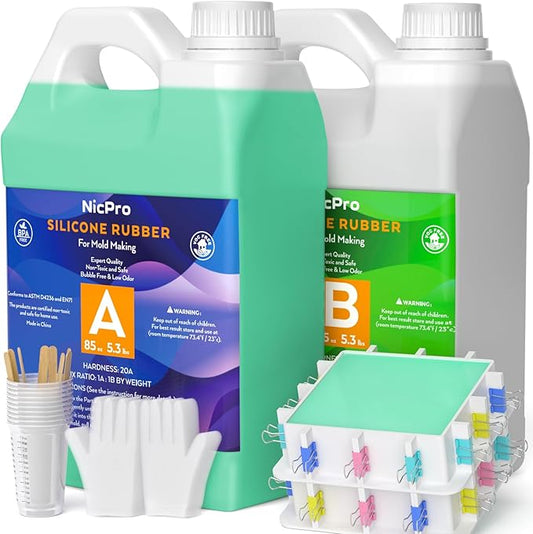 Nicpro 170oz Silicone Mold Making Kit, 20A Platinum Liquid Silicone Rubber, Jade Green Flexible, Silicone Molds Maker Mix Ratio 1:1 for Casting 3D Resins Molds DIY with 2PCS Molds Housing, Mixing Cups