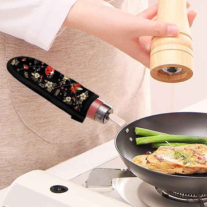 Coldinair Ladybug Floral Hot Handle Holder Heat Protecting Polyester Handle Cast Iron Skillets 2Pcs Cast Iron Skillet Handle Cover for Kitchen