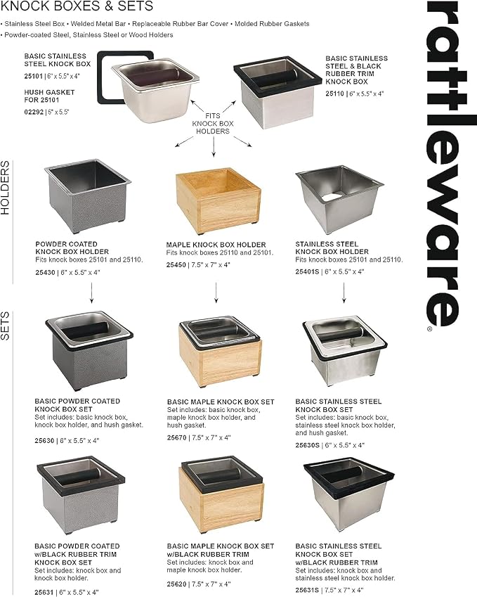 Rattleware Stainless Steel Open Bottom Knock Box Chute with Rubber Bar,6in | Open-bottom puck disposal