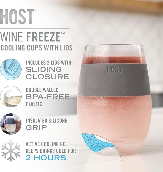 Host Freeze On the Go Stemless Wine Glasses with Lids for Red and White Wines, Double Wall Insulated Drink Chiller Tumblers for Travel, Outdoor Gifts for Women and Moms, 8.5 oz, Set of 2, Marble