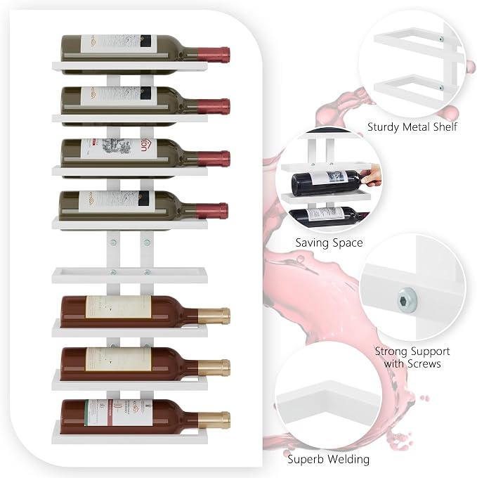 Hoctieon 8 Tier Wall Mount Wine Rack, Wall Racks for Wine Bottles Display and Storage, Hanging Bottle Organizer for Living Room, Dining Room, Wine Cellar, Bar, White